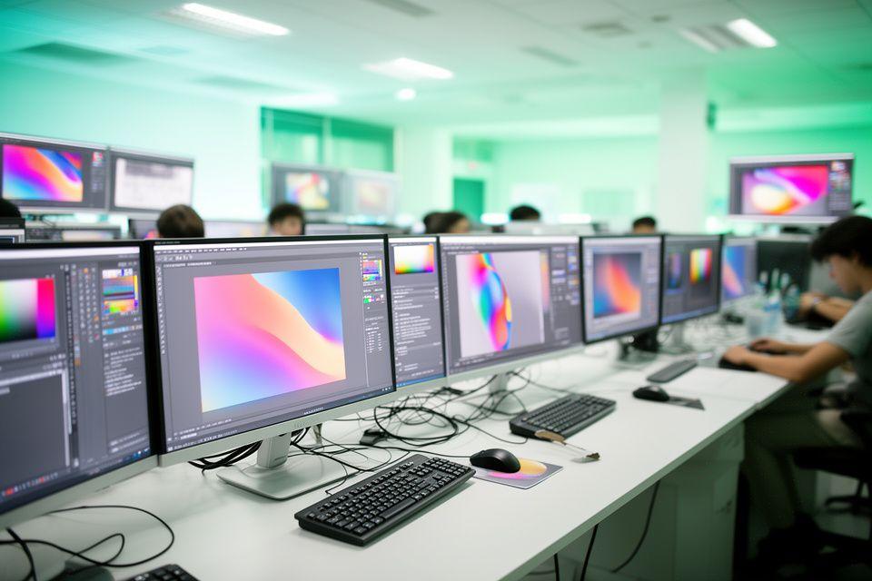 Bright digital editing lab with colour-accurate monitors and students adjusting images