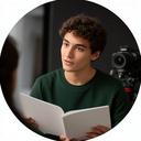 Photography student in a workshop review session holding notes beside a studio camera