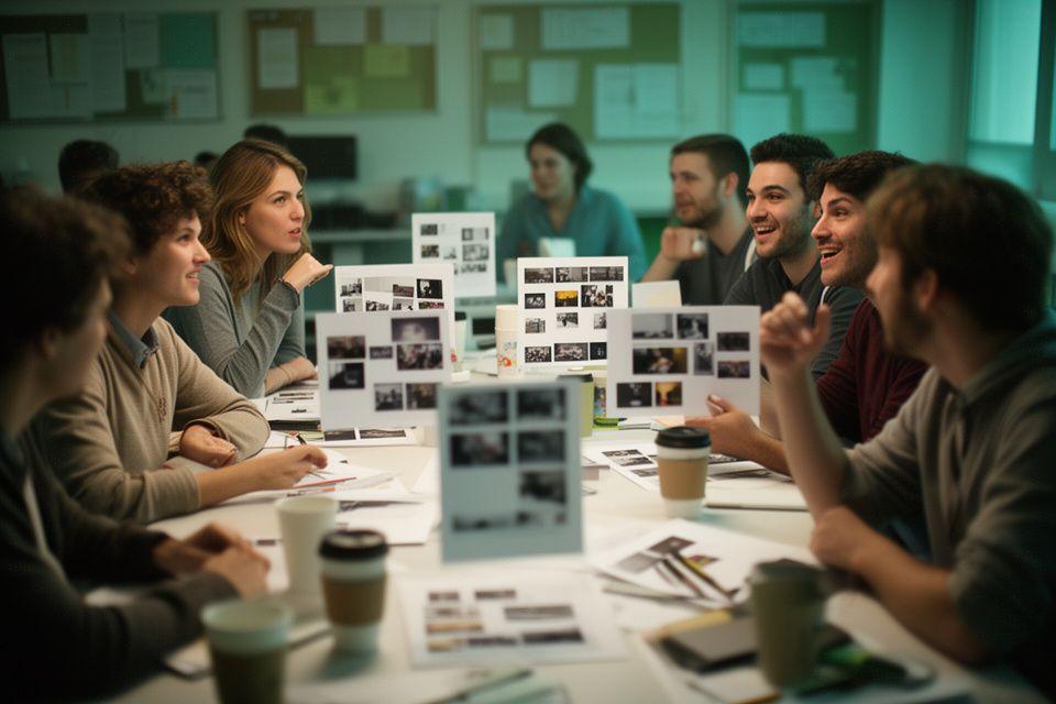 Students talking around a communal table in a photography classroom with pinned contact sheets