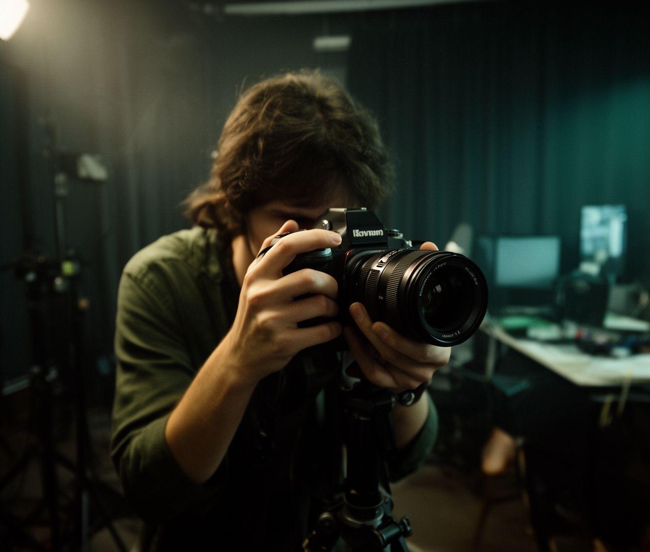 Photography student adjusting a camera lens in a dim Toronto studio with soft practical lights
