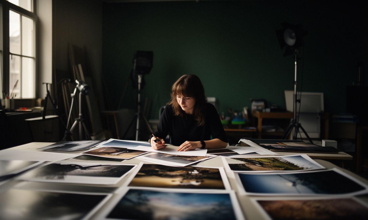 Photography student reviewing portfolio prints in a dim studio with soft window light