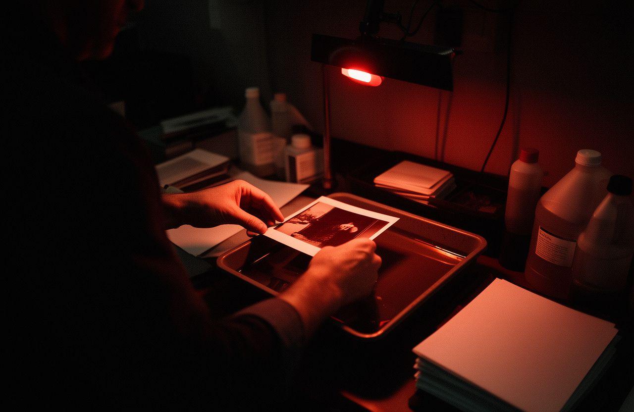 Hands developing photographic prints in a dim darkroom with trays and red safelights