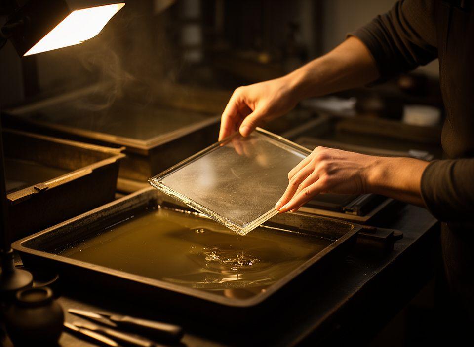 Hands coating a glass plate in a historic darkroom with trays and amber light