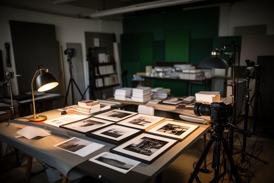 Welcoming photography studio interior with tables, prints, and neatly arranged lighting gear