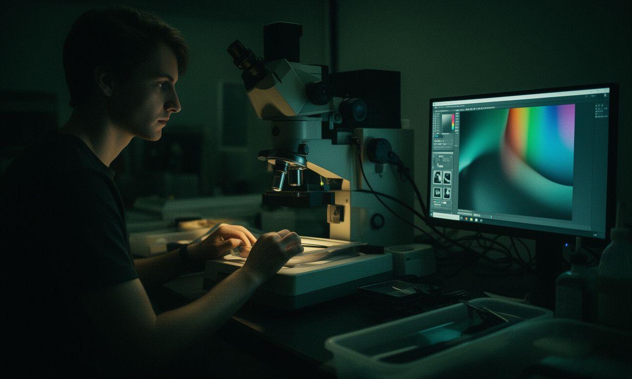 Photography student beside an enlarger and colour-calibrated monitor in a moody studio workspace