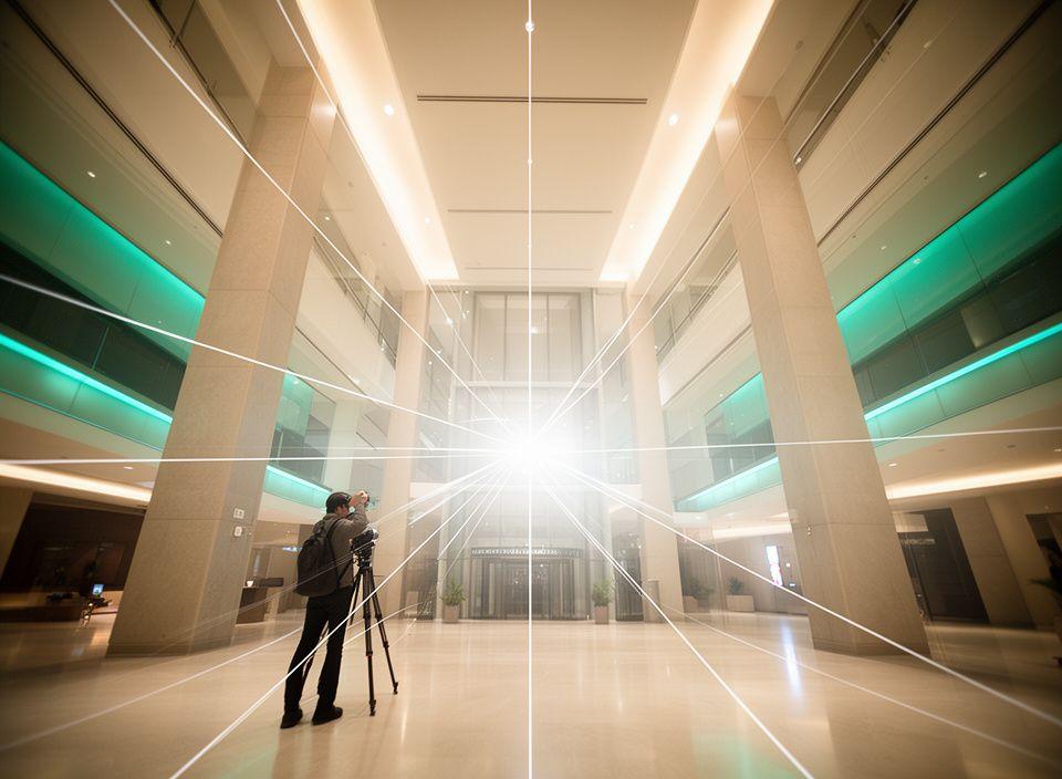 Photographer composing an architectural interior with wide-angle lens and measuring lines in a modern lobby