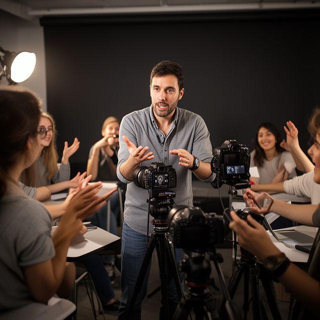 Instructor demonstrating exposure settings beside students with cameras in a studio classroom