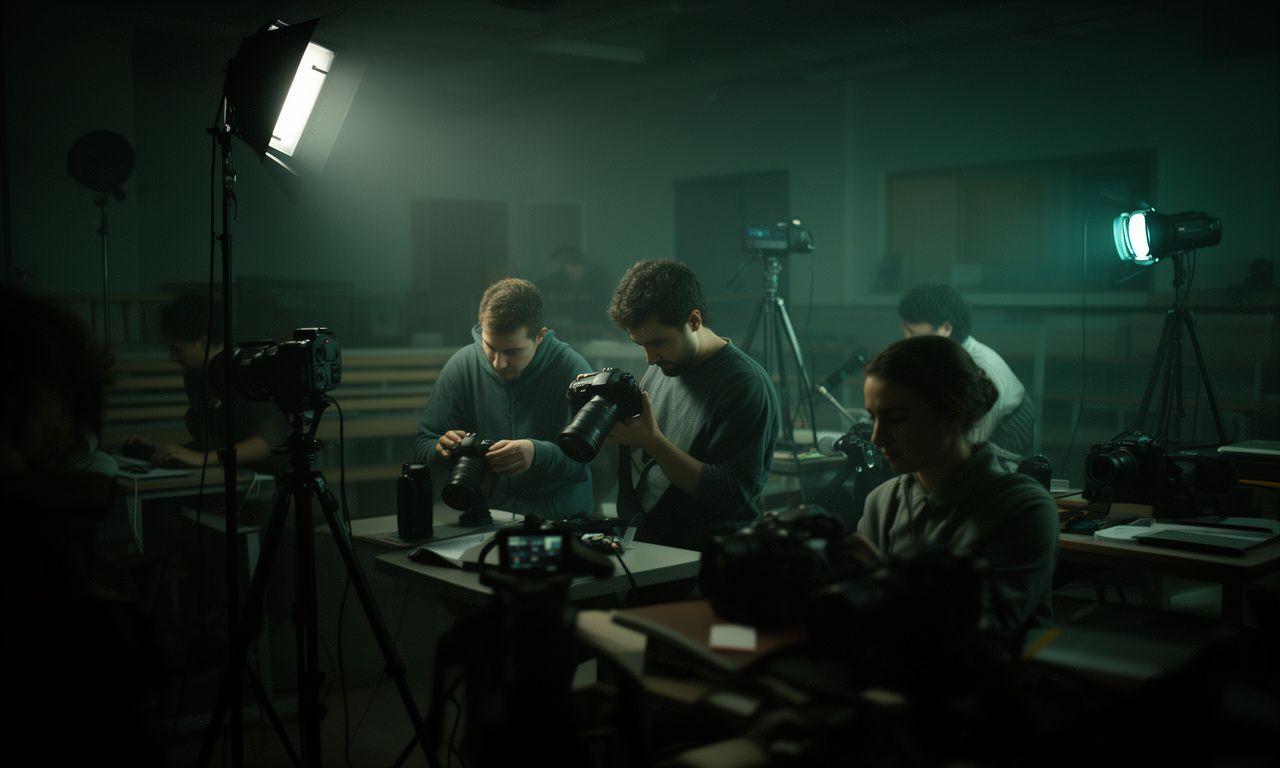 Students reviewing camera settings in a moody photography classroom with practical lighting equipment