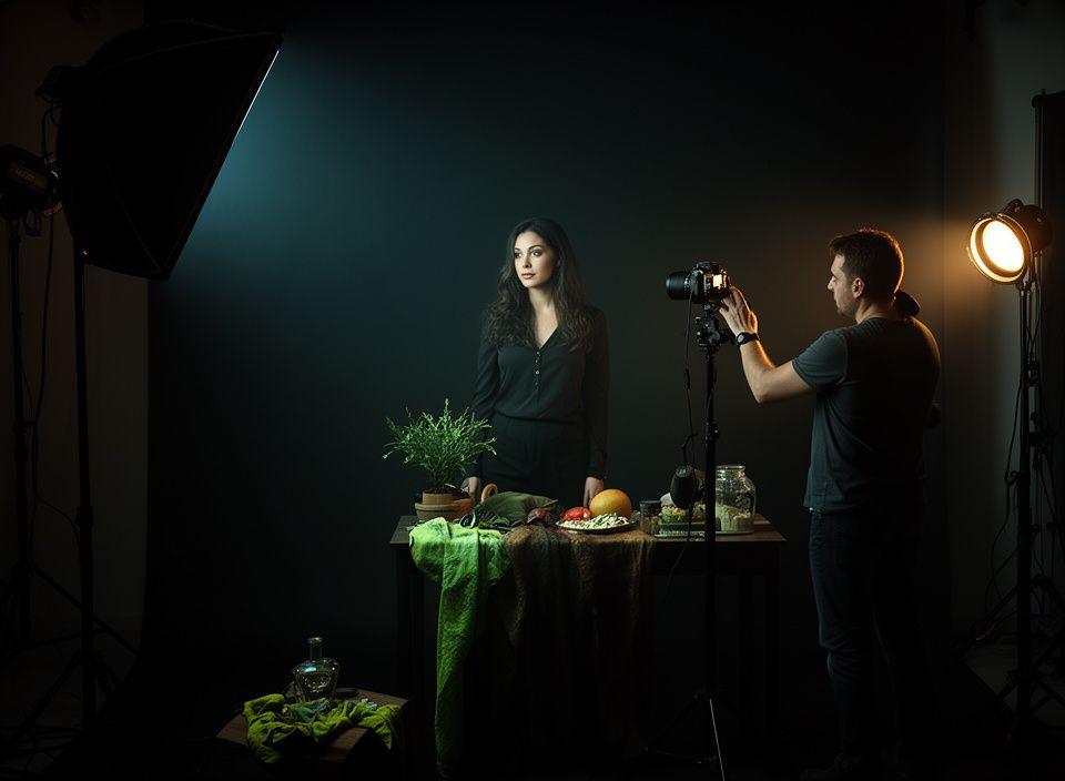 Portrait photographer shaping dramatic cinematic lighting for a still life and actor-style pose in studio
