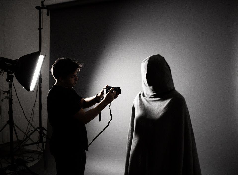 Creative portrait photographer directing light for a monochrome studio session with sculpted shadows