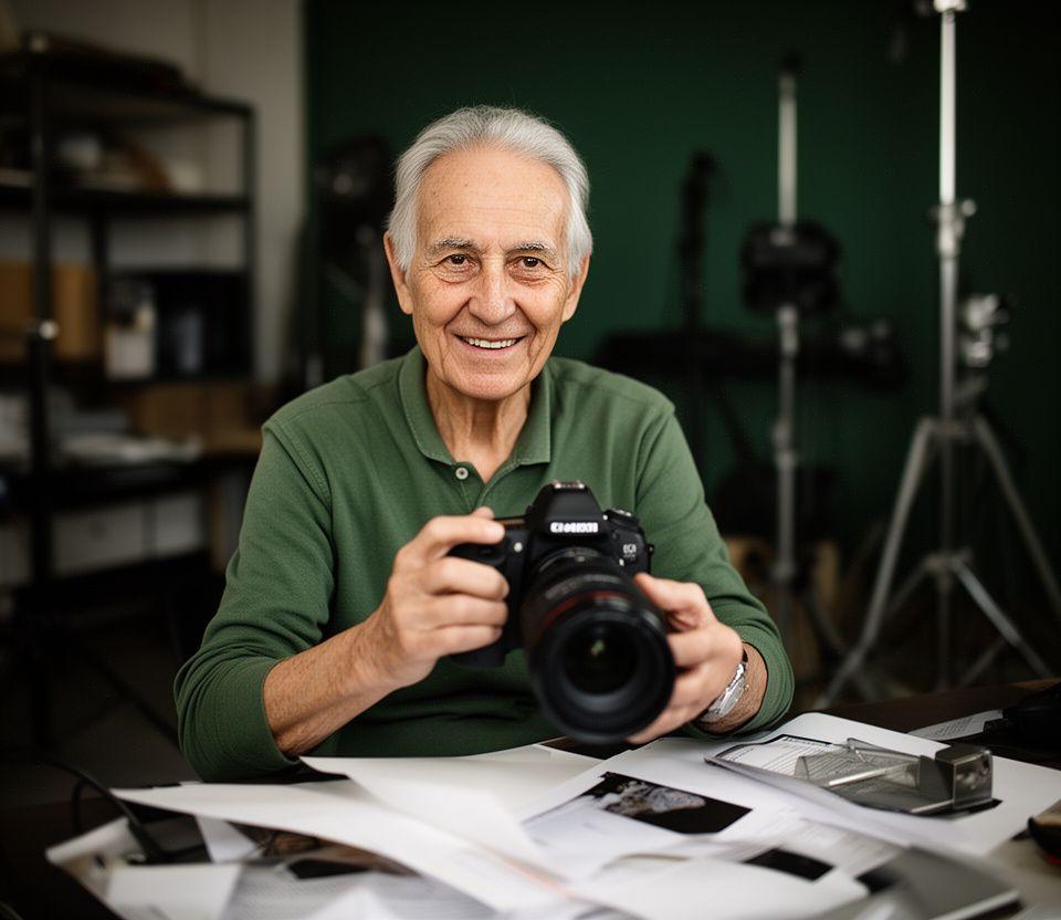 Senior photography instructor Elaine Ross in a studio with a camera and soft window light