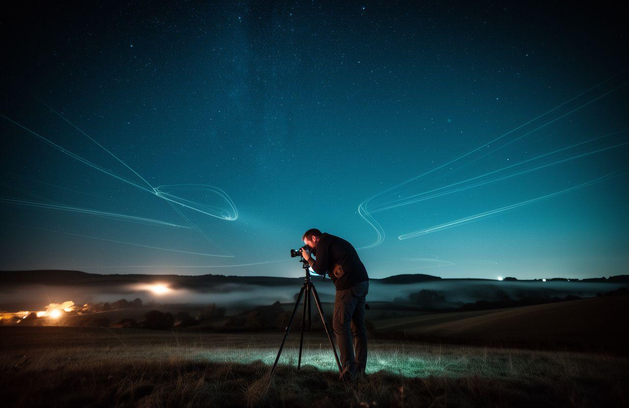 Photographer using a tripod under a clear night sky during a long exposure workshop in the countryside