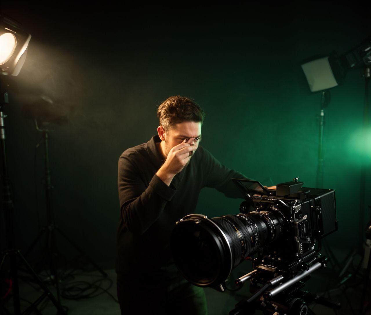 Advanced photographer adjusting studio lighting beside a wide-format camera in a dim creative studio