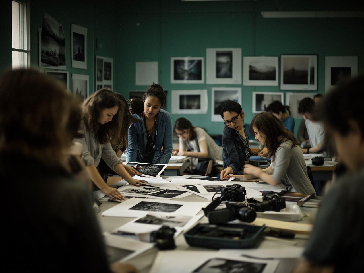 Photography classroom at Bayview Avenue with students reviewing prints and soft studio lighting
